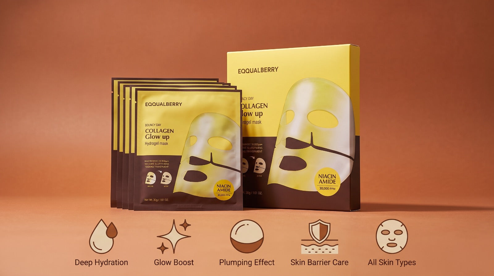 EQQUALBERRY Bouncy Day Collagen Glow Up Hydrogel Mask box and single sheets featuring Niacinamide 30,000 PPM for deep hydration and glow boost