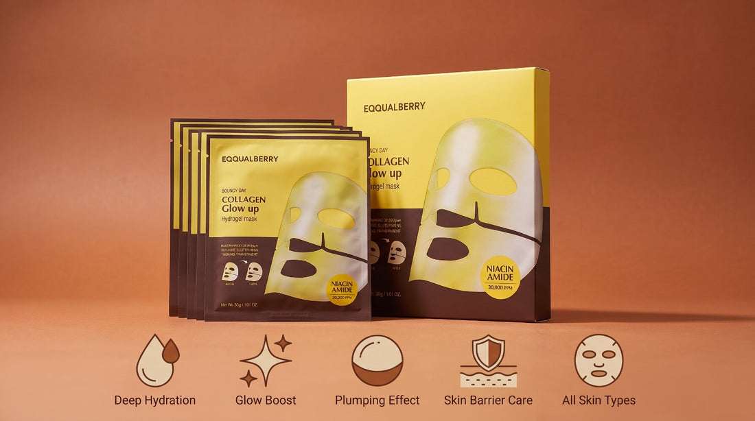 EQQUALBERRY Bouncy Day Collagen Glow Up Hydrogel Mask box and single sheets featuring Niacinamide 30,000 PPM for deep hydration and glow boost
