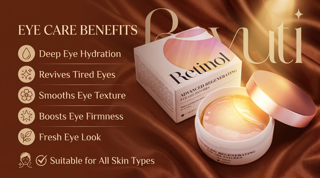 K-SECRET Retinol Eye Gel Patches features showing deep eye hydration, firmness boost, and fine line smoothing
