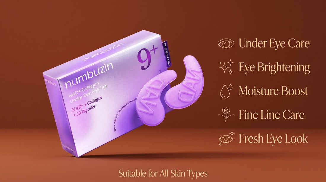 NUMBUZIN No 9+ NAD+ Collagen Under Eye Patches box and purple hydrogel eye masks for fine lines and under eye care