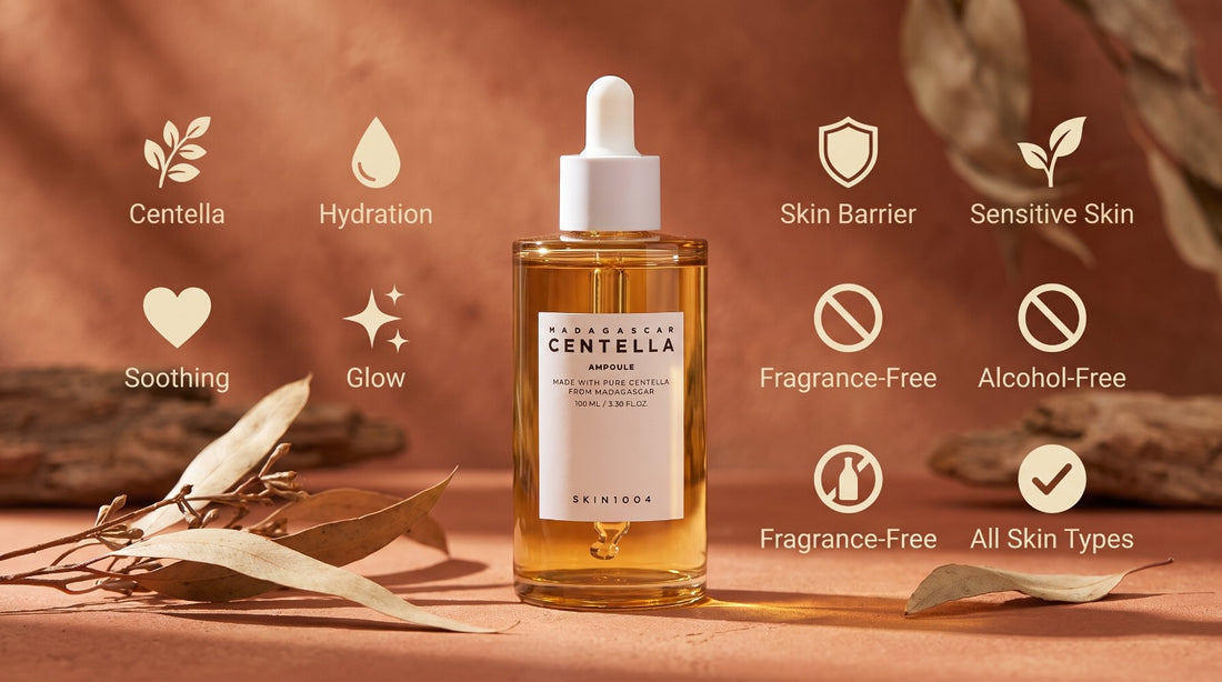 SKIN1004 Madagascar Centella Ampoule 100ml bottle featuring 100% pure centella for soothing, hydration, and skin barrier repair