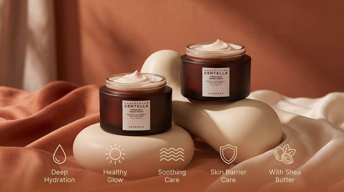 SKIN1004 Madagascar Centella Probio-Cica Enrich Cream jars showcasing deep hydration, healthy glow, soothing care, skin barrier repair, and shea butter features